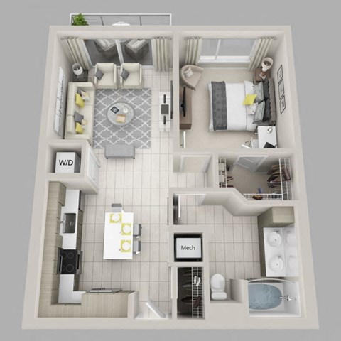 Floor plan for 1 bed, 1 bath, 754 sqft